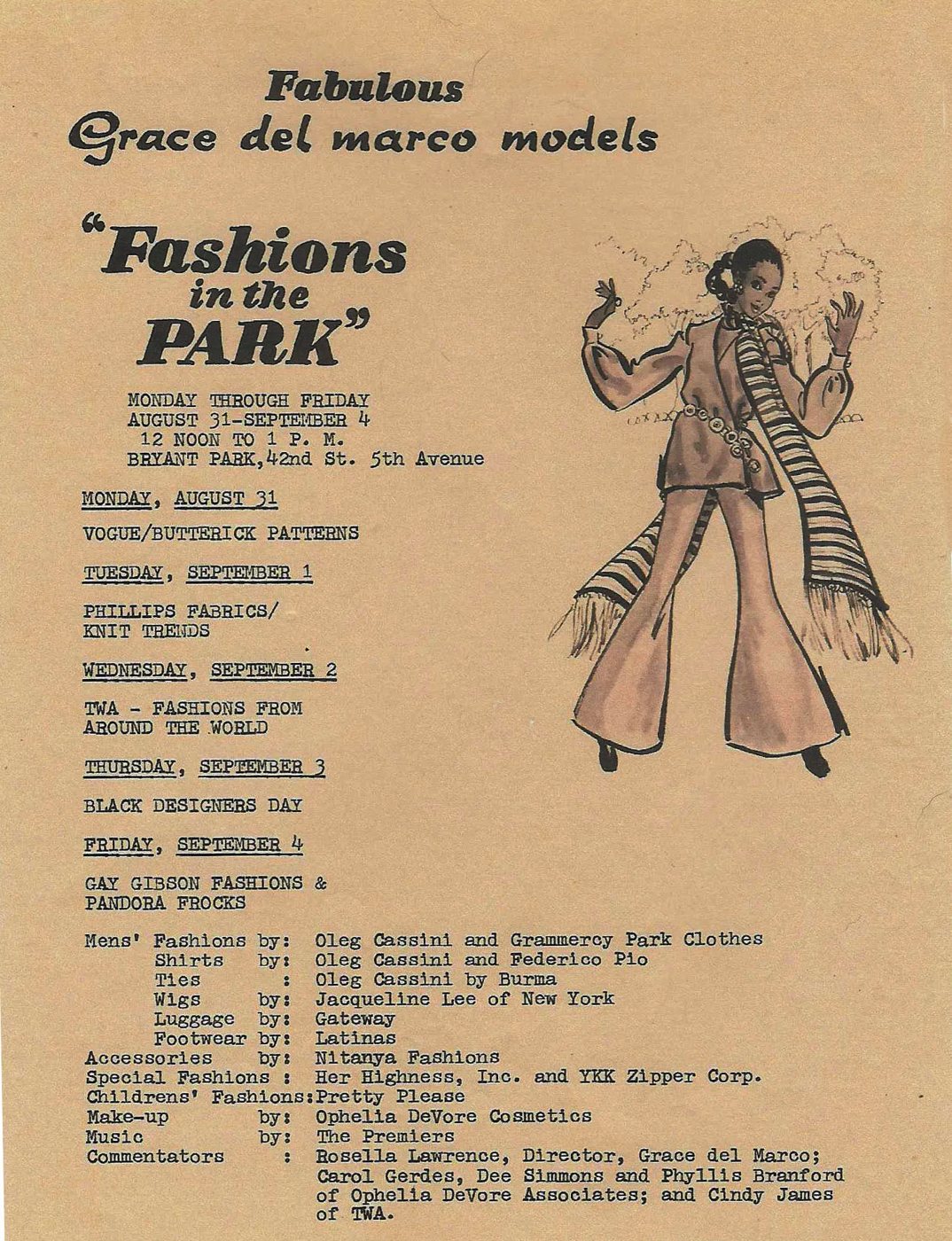 Typed flyer on tan paper: Fabulous Grace del Marco models present Fashions in the Park, Monday through Friday August 31 to September 4, noon to 1 PM, Bryant Park, with a daily sponsor schedule, credits, and an ink illustration of a model in a scarf and bell-bottoms