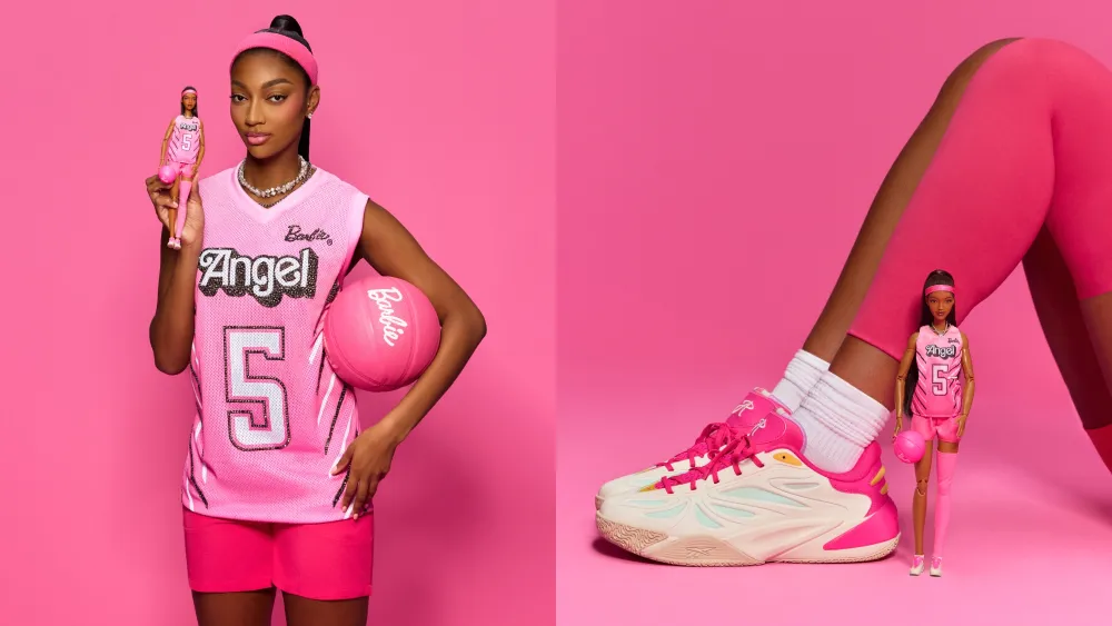 Angel Reese in a pink Barbie #5 jersey holding her signature Barbie doll and a pink Barbie basketball, beside the Barbie colorway of the Reebok Angel Reese 1.