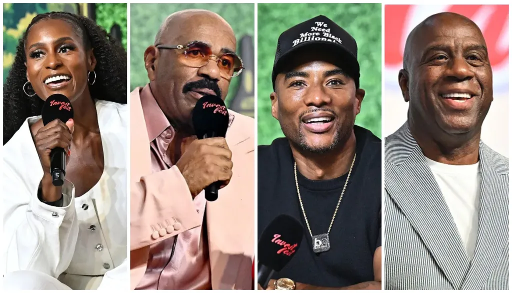 Four speakers on the Invest Fest Main Stage, each holding an Invest Fest microphone