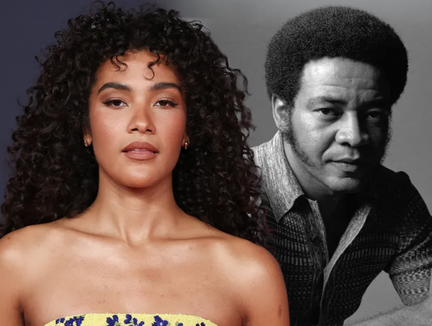 Composite portrait: Olivia Dean on the left in a yellow strapless dress with blue floral beading; Bill Withers on the right in a black-and-white portrait wearing a knit shirt.